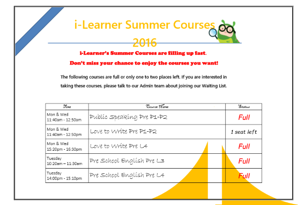 Parents Reminder - Courses Full 2016 summer